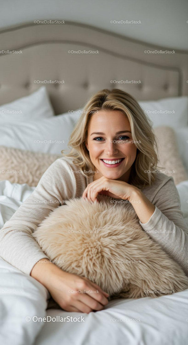 Smiling woman relaxing on bed with cozy pillow