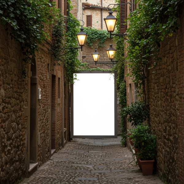 Cozy cobblestone street with warm glowing lanterns JPG Mockup Image