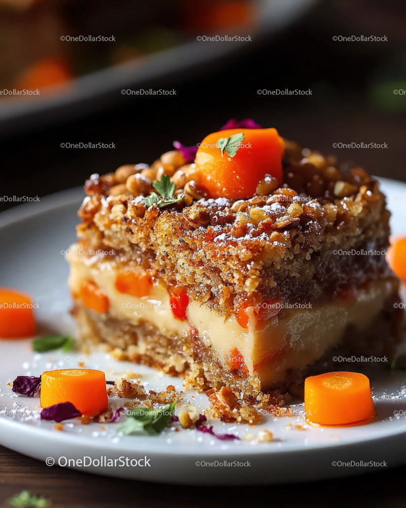 Creamy Custard Dessert with Crunchy Topping and Fruit Garnish
