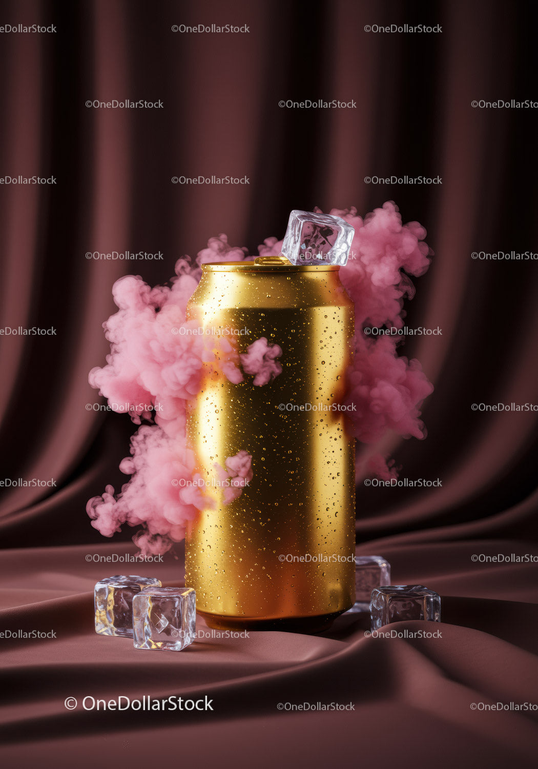 Golden aluminum can surrounded by pink smoke and ice cubes