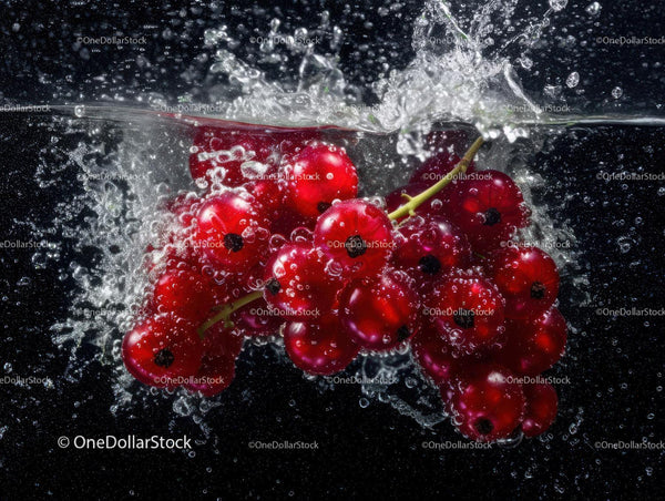 Fresh Red Currant Berries Splashing into Water in Dynamic Motion