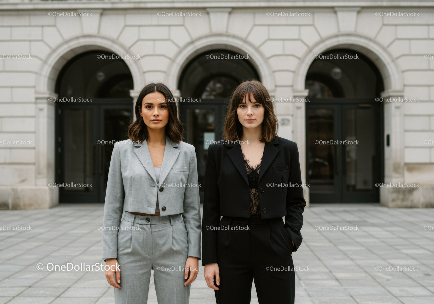 Fashionable Women Standing in Front of Historic City Building