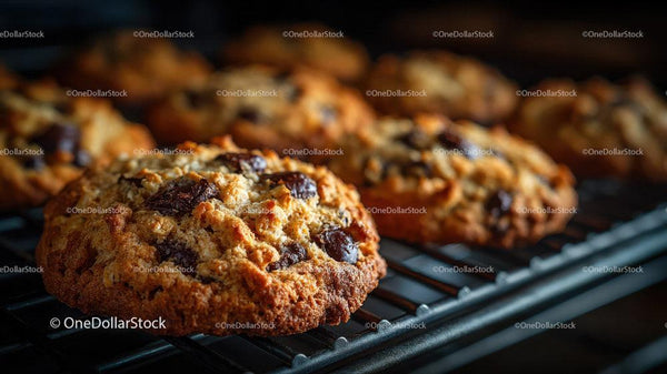 Chocolate Chip Cookies on Cooling Rack with Warm Golden Brown Crust