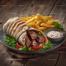 Beef Shawarma Wrap with Fries and Fresh Salad in Rustic Setting