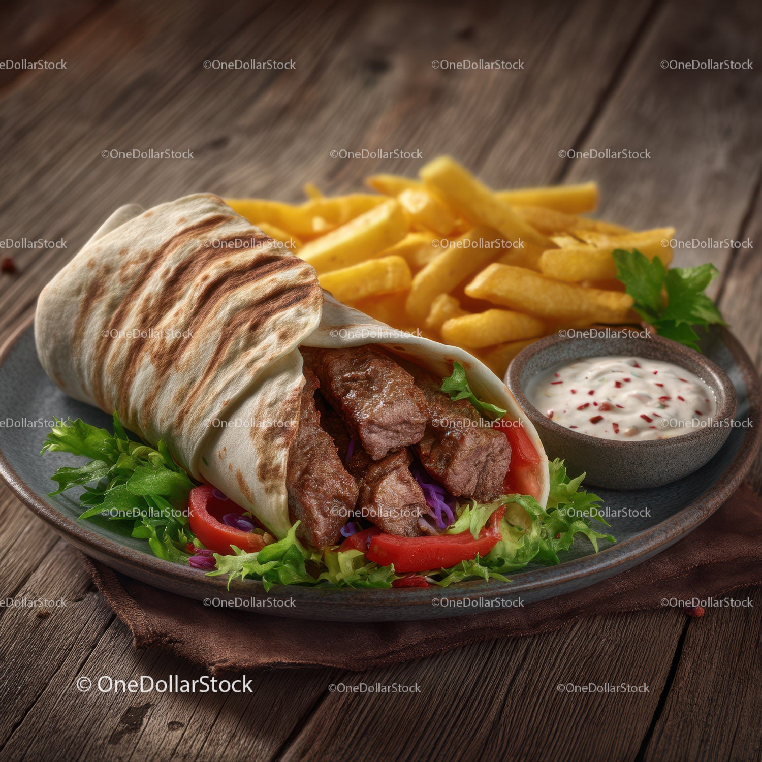 Beef Shawarma Wrap with Fries and Fresh Salad in Rustic Setting