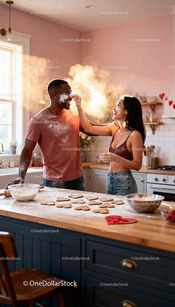 Couple Playfully Baking Heart Cookies in Cozy Kitchen