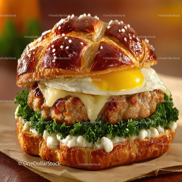 Gourmet Burger with Fried Egg and Fresh Greens on Toasted Bun