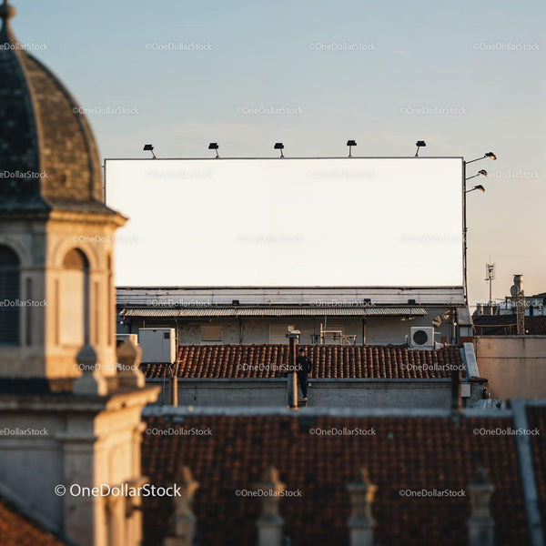 Urban rooftop with blank billboard in warm evening light JPG Mockup Image
