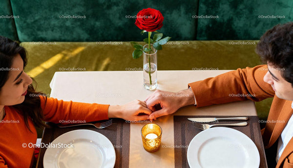 Couple holding hands across table with red rose centerpiece