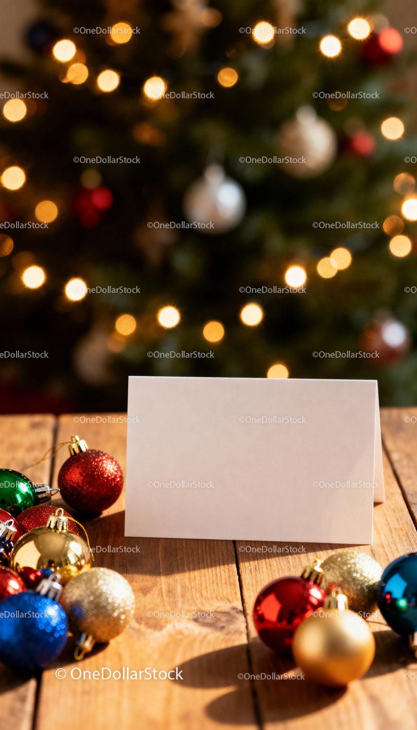 Blank Card on Wooden Table with Christmas Ornaments JPG Mockup Image preview