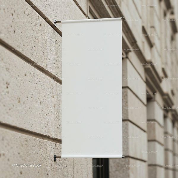 Blank white banner hanging on urban stone wall JPG Mockup Image