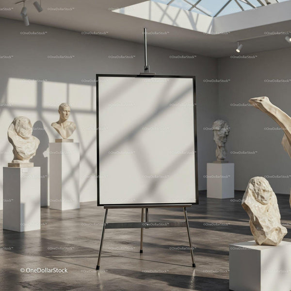 Blank easel in sunlit modern art gallery space JPG Mockup Image