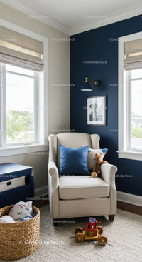 Cozy Child’s Room with Navy Blue Accent Wall and Natural Light
