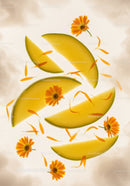 Slices of ripe melon with vibrant orange flowers