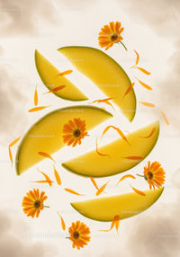 Slices of ripe melon with vibrant orange flowers