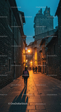 Old European Cobblestone Alley with Night Street Lamps and Medieval Buildings