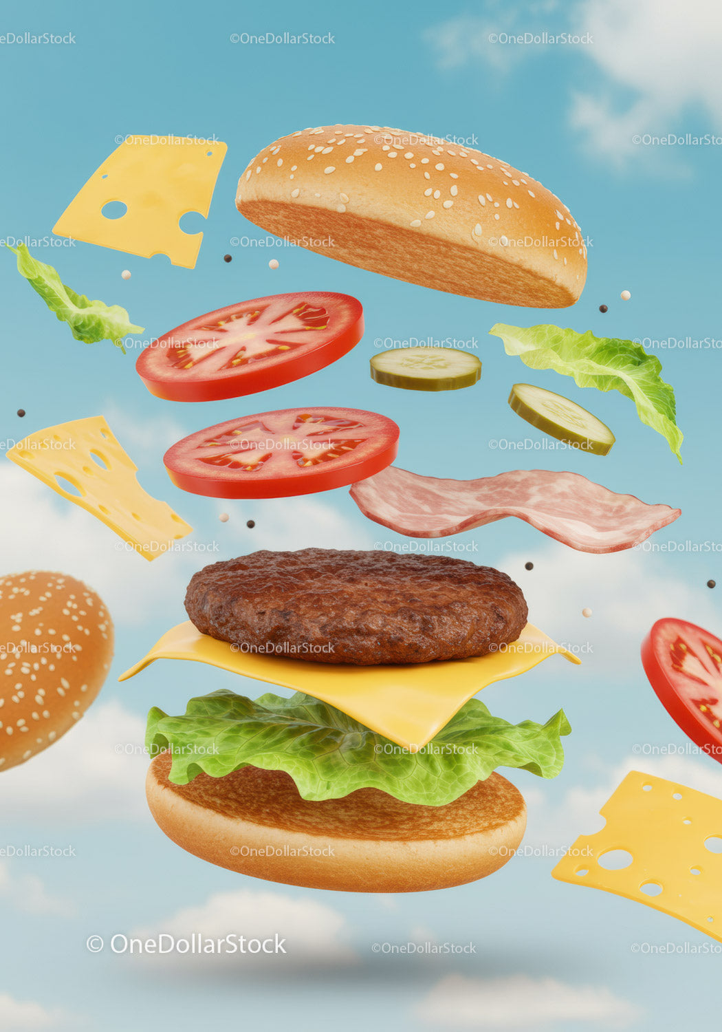 Deconstructed cheeseburger ingredients floating in sky