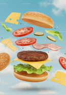 Deconstructed cheeseburger ingredients floating in sky
