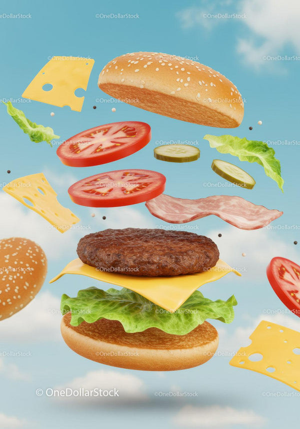 Deconstructed cheeseburger ingredients floating in sky
