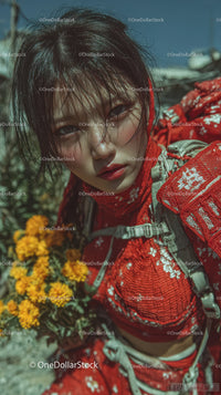 Vibrant Young Woman in Red Floral Kimono Outdoors