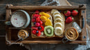 Fruit Toast with Berries Banana and Citrus Slices on Rustic Wooden Tray