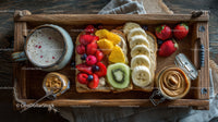 Fruit Toast with Berries Banana and Citrus Slices on Rustic Wooden Tray