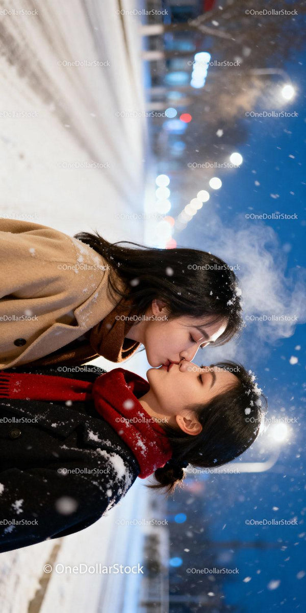 Couple Sharing a Tender Kiss on Snowy Winter Night