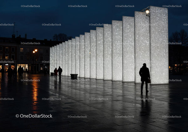 Modern Illuminated Light Installation on City Square at Night JPG Mockup Image