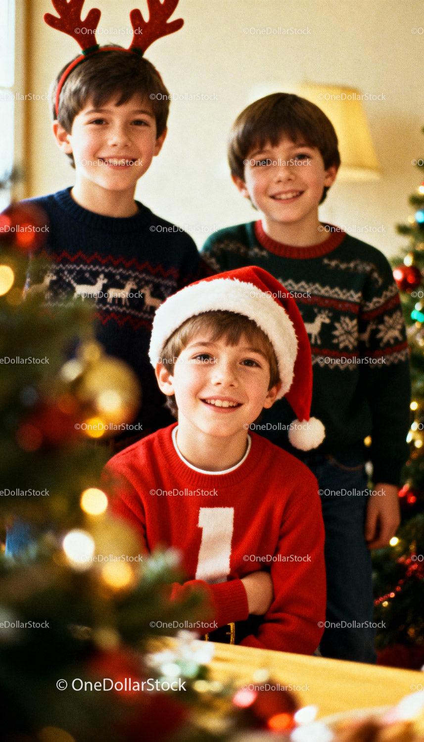 Smiling kids celebrating Christmas in festive sweaters