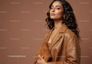 Elegant Woman Wearing Leather Jacket with Brown Background