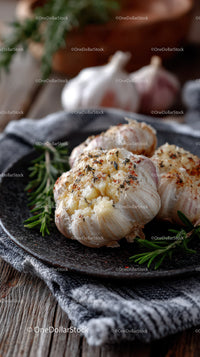 Fresh Roasted Garlic Cloves with Herbs on Rustic Black Plate