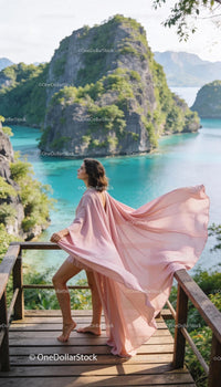 Woman in flowing pink dress overlooking turquoise bay
