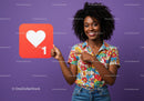 Smiling Woman Holding Social Media Like Icon in Vibrant Setting