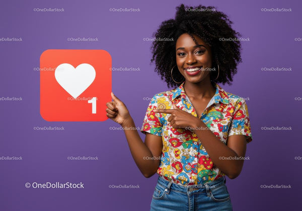 Smiling Woman Holding Social Media Like Icon in Vibrant Setting