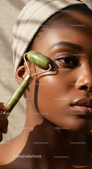 Elegant Woman Using Jade Facial Roller for Skin Rejuvenation