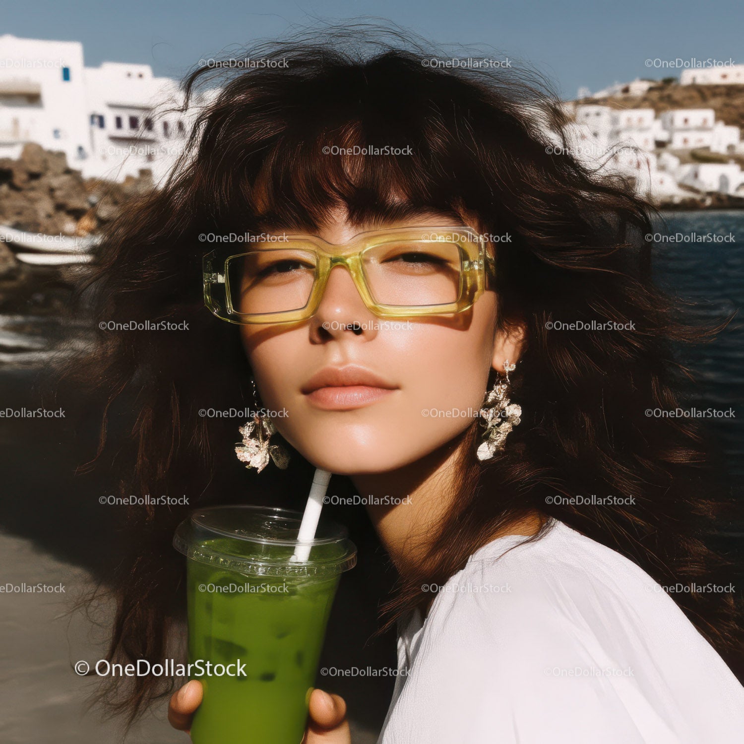 Stylish Young Woman Wearing Sunglasses and Holding Green Drink by Ocean
