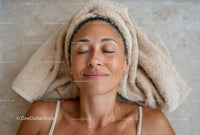 Relaxing Woman with Towel Lying on Spa Floor Enjoying Wellness