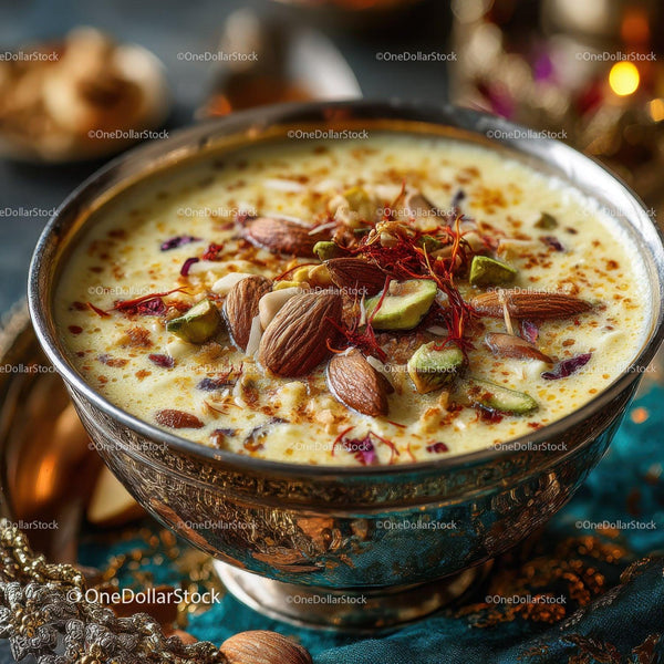 Elegant Saffron Flavor Indian Milk Pudding with Nuts and Fruits