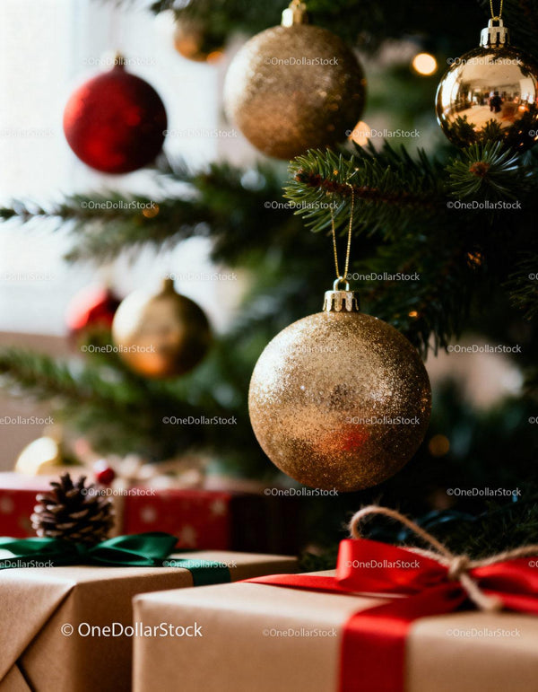 Christmas tree ornaments and wrapped holiday gifts closeup