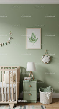 Modern Baby Nursery with Green Wall and Leaf Wall Art
