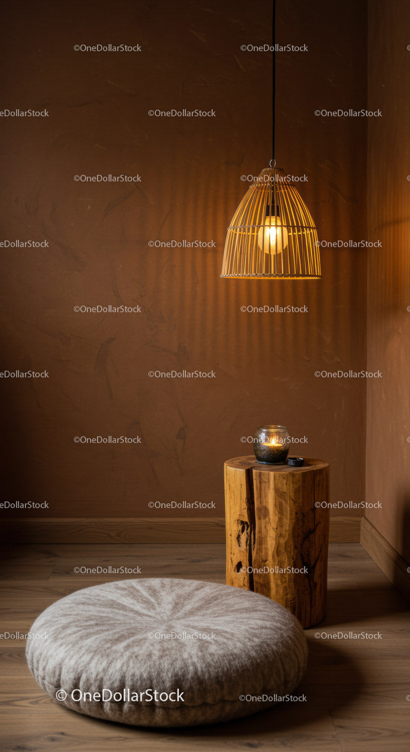 Cozy minimalist corner with wooden stool and pendant light