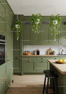 Modern Green Kitchen with Hanging Plants and Wooden Accents
