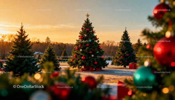 Decorated Christmas trees at sunset in winter park