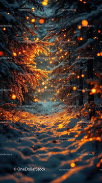 Snowy forest path glowing with warm light particles