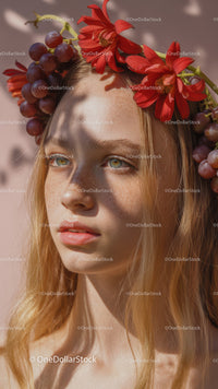 Young Woman with Red Floral Crown and Purple Grapes Outdoor Portrait