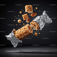 Crispy cereal bar with almonds bursting from wrapper