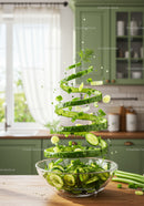 Fresh cucumber and herbs spiraling into glass bowl
