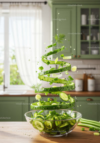 Fresh cucumber and herbs spiraling into glass bowl