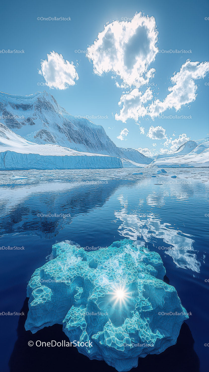 Glacier and Mountain Landscape with Reflective Water Under Bright Sky