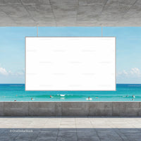 Blank Billboard Overlooking Busy Surf Beach